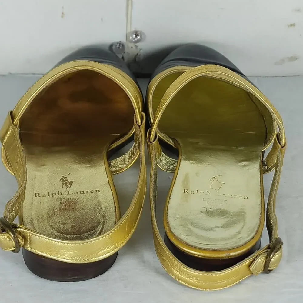 Ralph Lauren Women's Vtg US 7D Black Gold Leather Slingback Flats Sandals Shoes
